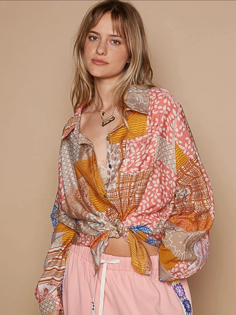 POL Patchwork Print Long Sleeve Button-Front Women’s Top